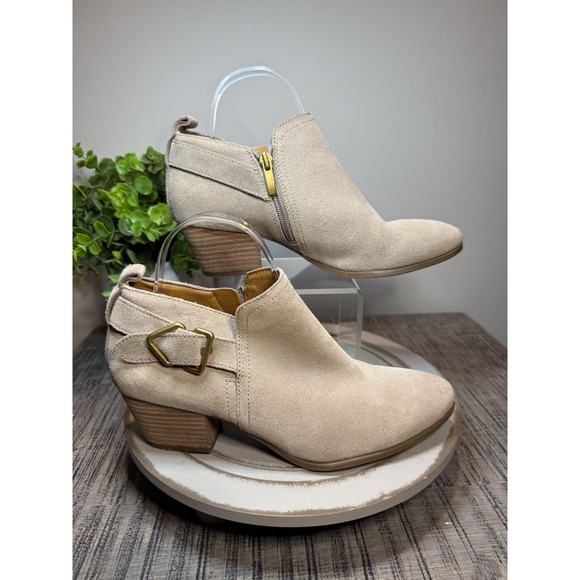 Franco Sarto Suede Leather Ankle Booties Women's 7.5M Beige Low Heel Zip Buckle - Picture 1 of 8